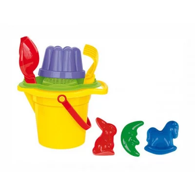 Набор №140: ведро малое с носиком, ситечко-цветок, совок №2, грабельки №2, формочки (заяц + лошадка + месяц) 2883