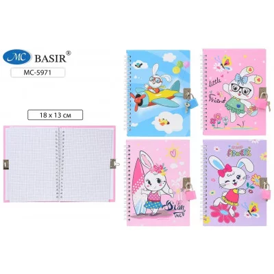 Блокнот детский ЗАЙЧИКИ двойная евроспираль, яркая обложка 7-БЦ+замочек цветной, рисунок-зайчик МС-5971