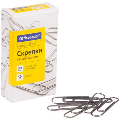 Скрепки 50мм, OfficeSpace, 50шт., карт. упак. Спейс 253790