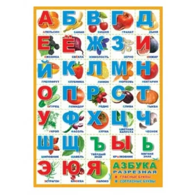 Плакат А2. Азбука разрезная тематическая (с картинками фруктов и овощей, в оранжевой рамке) ПЛ-6098