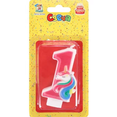 Свеча для торта Милый единорог розовая Цифра 1 С-5935