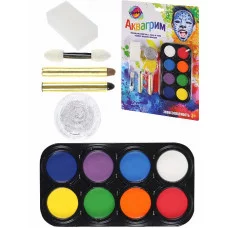 Набор аквагрима для детей-8 шт,каранд-2шт,гель для тела и лица-1шт,спонж 1шт,аппл 1шт КС-3599