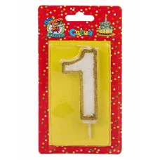 Свеча для торта с золотой окантовкой (глиттер) Цифра 1 С-5945