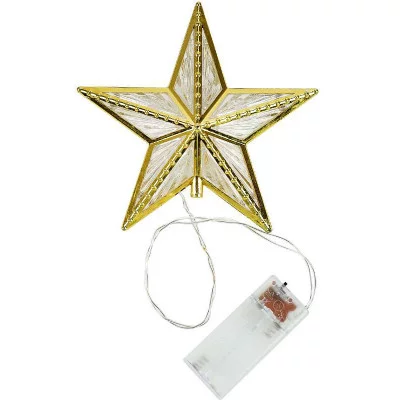 Верхушка на ёлку "Золотистая звезда", 15,5см, 10 LED, 2 реж., тепл. желт. свет, от батареек. НУ-2594