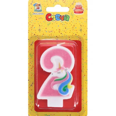 Свеча для торта Милый единорог розовая Цифра 2 С-5936