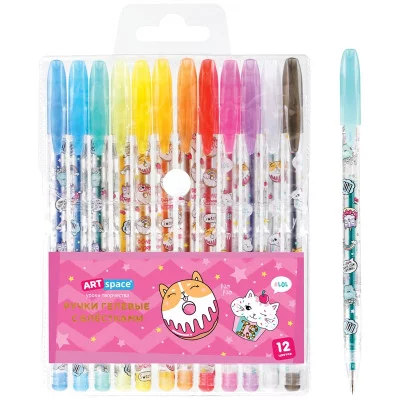 Набор гелевых ручек ArtSpace "Кот-сластена" 12цв., 1,0мм, с блестками, ПВХ чехол 314526