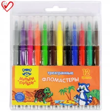 Фломастеры Мульти-Пульти "Енот на Сейшелах", 12цв., утолщ. пиш.узел, трехгранные, смываемые, блистер 240223