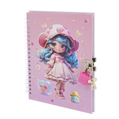 Подарочный блокнот 11,0 см * 15,0 см , гребень, Alingar, ламинация, конгрев, эффект 3D, замочек, 45 л., клетка, "Модница-малышка", бирюзовый AL11719