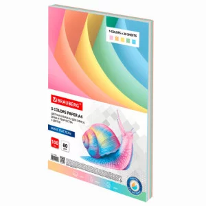 Бумага цветная BRAUBERG, А4, 80 г/м2, 100 л. 5 цветов х 20 листов пастель, для офисной техники, 112460
