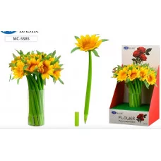 Шариковая ручка ПОДСОЛНУХ прорезиненный корпус зелёного цвета, наконечник цветок, цвет чернил-синий МС-5585