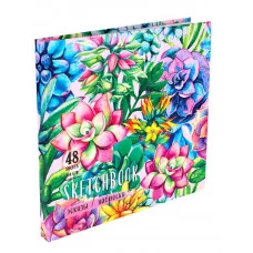 Скетчбук 48л. ФЕЕРИЯ СУККУЛЕНТОВ 48-0581 7БЦ матовая ламинация ляссе лен резинка 165х165мм