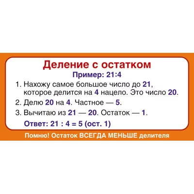 ШМ-12839 Карточка. Запомни! Деление с остатком (формат 61 х 131 мм) / Карточки Сфера (о) демонстрационные 4650118151321