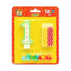 Свечи с цветным узором с подставками 12 шт. + свеча-цифра "1"  С-0423