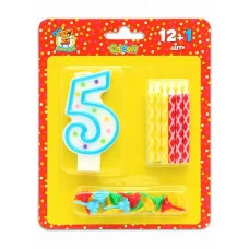 Свечи с цветным узором с подставками. 12 шт. + свеча-цифра "5"  С-0427