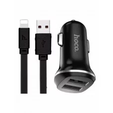 Блок питания автомобильный 2 USB HOCO Z1 2100mA пластик кабель Apple 8 pin чёрный 6957531040125
