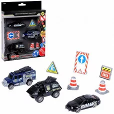 AUTODRIVE Набор металлических машинок, Полицейская техника 3шт с дорожными знаками (машина, внедорожник, бтр) в/к 23*17,5*4см. JB0403980