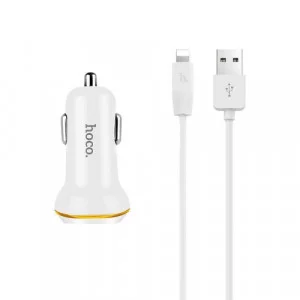 Блок питания автомобильный 2 USB HOCO Z1 2100mA пластик кабель Apple 8 pin белый 6957531040132