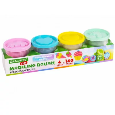 Пластилин-тесто для лепки BRAUBERG KIDS, 4 цвета, 560 г, пастельные цвета, крышки-штампики, 106717