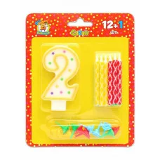 Свечи с цветным узором с подставками. 12 шт. + свеча-цифра "2"  С-0424