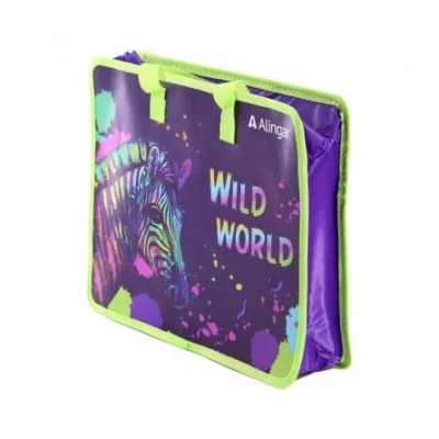 Папка с ручками 1 отделение, А4 265х335х90мм, Alingar, пластик, ручки тесьма, дизайн с двух сторон, молния сверху, "Неоновая зебра" AL11391
