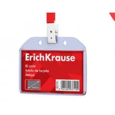 Бейдж горизонтальный в комплекте с лентой ErichKrause размер вставки 85х54 мм, прозрачный, цвет ленты красный 63718
