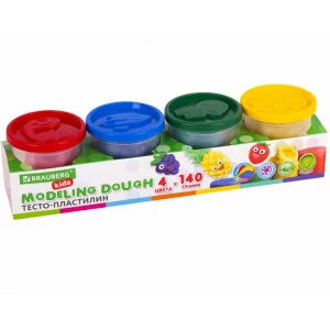 Пластилин-тесто для лепки BRAUBERG KIDS, 4 цвета, 560 г, яркие классические цвета, крышки-штампики, 106715