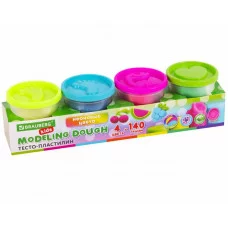 Пластилин-тесто для лепки BRAUBERG KIDS, 4 цвета, 560 г, яркие неоновые цвета, крышки-штампики, 106716