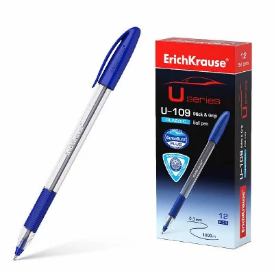 Ручка шариковая ErichKrause U-109 Stick&Grip Classic 1.0, Ultra Glide Technology, цвет чернил синий 1шт 53742