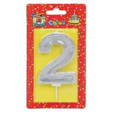 Свеча для торта Серебряный глиттер с окантовкой Цифра 2 С-5966