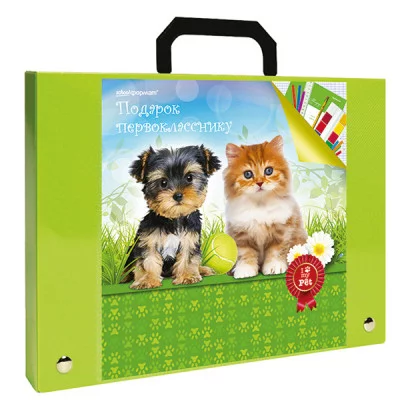 Портфель пластиковый зеленый ПОДАРОК ПЕРВОКЛАССНИКУ ЛЮБИМЫЕ ПИТОМЦЫ 066609