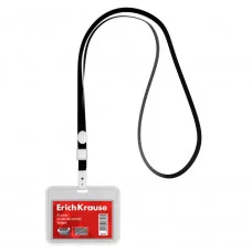 Бейдж горизонтальный в комплекте с лентой ErichKrause книжка, размер вставки 85х54 мм, прозрачный, цвет ленты черный 63726