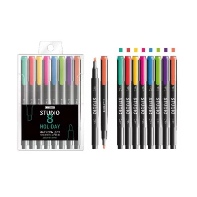 Набор маркеров для скетчинга "STUDIO". Двухсторонние. В наборе: 8 шт. Упаковка: ПВХ чехол с европодвесом STUDIO. Holiday НМД80044