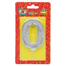 Свеча для торта Серебряный глиттер с окантовкой Цифра 0 С-5964