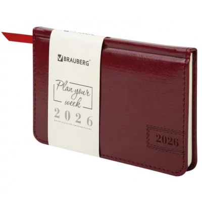 Еженедельник датированный 2026, МАЛЫЙ ФОРМАТ 95х155 мм, А6, BRAUBERG "Imperial", под кожу, бордо, 117188
