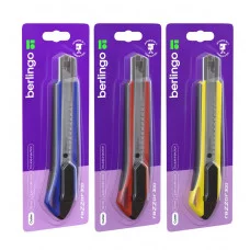 Нож канцелярский 18мм Berlingo "Razzor 300", auto-lock, металл. направл., мягкие вставки, ассорти, европодвес 330396