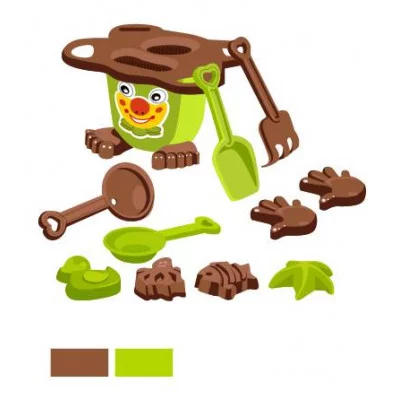 Компания Друзей Песочный набор "Человечек" зелено-коричневый(в комп. ведро 1,2 л, лопатка, грабли, воронка, сито 17 см, 4 формочки 9 см) 23х21х18 см JB5300632