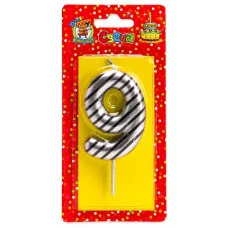 Свеча для торта в полоску, Цифра 9, серебряная С-2528 466-5-306-72528-4