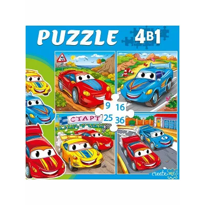 ПАЗЛЫ 4 в 1. СПОРТИВНЫЕ ТАЧКИ 9,16, 25, 36 эл. П-6773