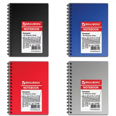 Блокнот МАЛЫЙ ФОРМАТ А6 105х145 мм, 60 л. гребень, пластик+картон, клетка, BRAUBERG, Офис 125398