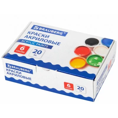 Краски акриловые для рисования и творчества 6 цветов по 20 мл, BRAUBERG, 192562