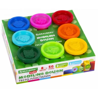 Пластилин-тесто для лепки BRAUBERG KIDS, 8 цветов, 400 г, яркие классические цвета, крышки-штампики, 106720