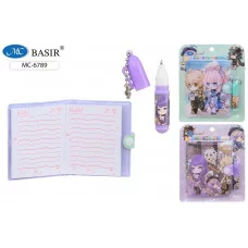 Набор подарочный канцелярский детский АНИМЕ блокнот на кнопке 10,3*8 см +мини ручка, пластикова МС-6789