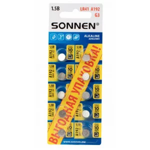 Батарейки алкалиновые "таблетка" КОМПЛЕКТ 10 шт., SONNEN Alkaline, 192A (G3, LR41), в блистере, 457134