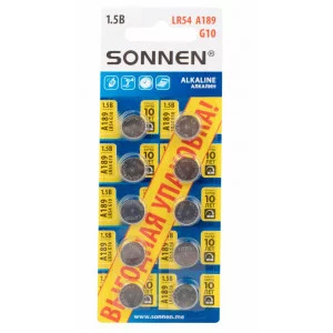 Батарейки алкалиновые "таблетка" КОМПЛЕКТ 10 шт., SONNEN Alkaline 189A (G10, LR54), в блистере, 457136