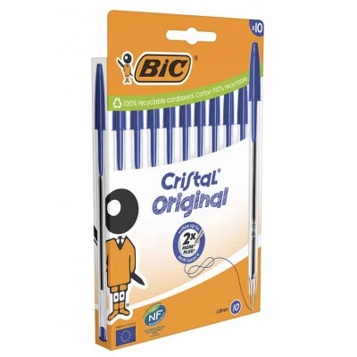 Ручки шариковые BIC "Cristal Original", НАБОР 10 шт., СИНИЕ, узел 1 мм, линия письма 0,32 мм, пакет, 830863