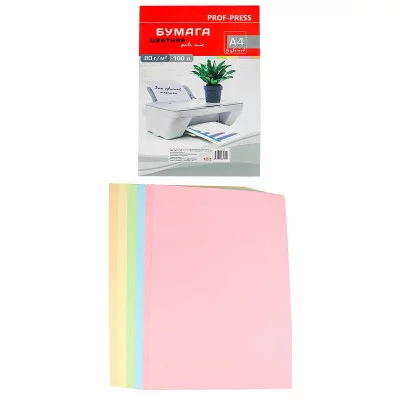 Бумага цветная PALE ПАСТЕЛЬ-АССОРТИ 5цв. Б-5753 А4 80 г/м2. 100л.