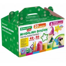 Пластилин-тесто для лепки BRAUBERG KIDS, 40 шт., 2000 г, 12 формочек, 2 стека, 2 штампика, 1 скалка, 20 пакетиков для хранения, 106724