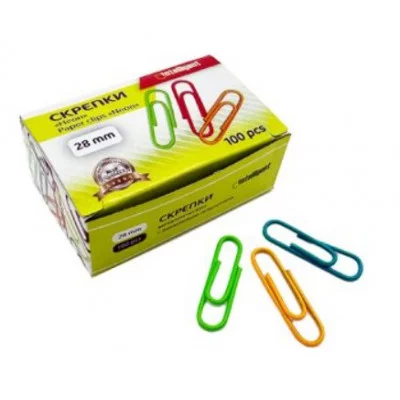 Скрепки 28 мм. INTELLIGENT 100шт. DE-428 цветные "Неон" в к/кор 330611