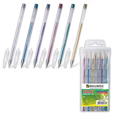 Ручки гелевые BRAUBERG, НАБОР 6шт, Jet, чернила металлик, узел 0,7мм, линия 0,5мм, ассорти, 141029