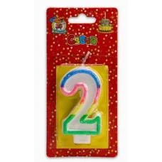 Свеча для торта с разноцветной окантовкой с блестками Цифра 2 С-2417
